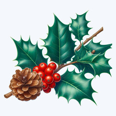 Holly Leaf and Pine, isolated on a white background
