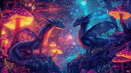 Obraz premium A vivid fantasy scene depicting two majestic dragons facing each other in a vibrant, enchanted forest illuminated by glowing mushrooms. The lush surroundings feature deep blues, purples, and a variety