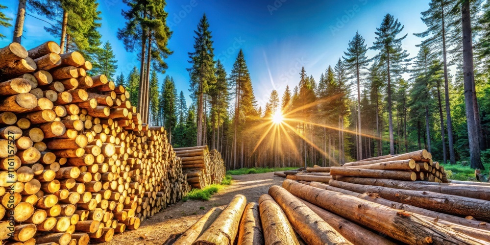 Aufkleber sunlight bathes a forest floor where stacks of lumber logs lie under a canopy of tall trees