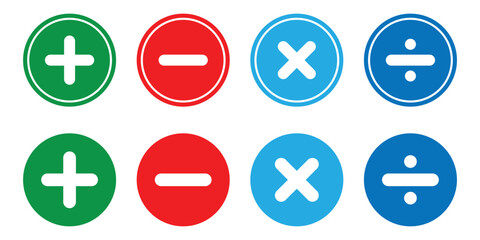 Plus minus multiply divide icon vector set isolated on white background.