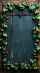 Rustic Wooden Background with Ivy Frame and Metal Hinge