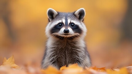 Fototapeta premium Adorable Baby Raccoon In Autumn Leaves