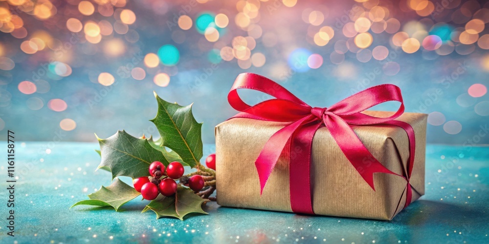 Poster a festive gift wrapped in brown paper with a red ribbon and a sprig of holly on a blue background wi