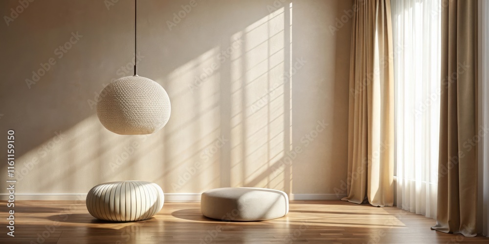 Poster Sunlight streams through a window, illuminating a room with a delicate pendant lamp and soft, inviting seating.