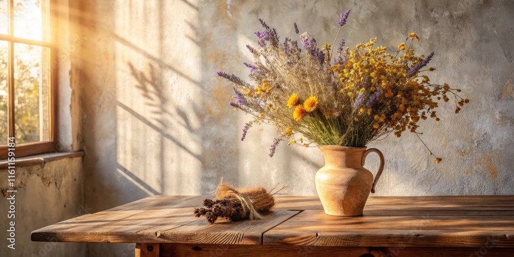 Aufkleber a rustic table with a clay pitcher filled with dried flowers sits in the warm glow of sunlight strea