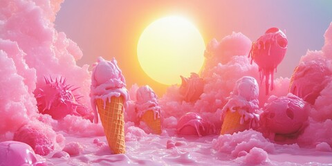 Pink Ice Cream Landscape Underneath a Summer Sun