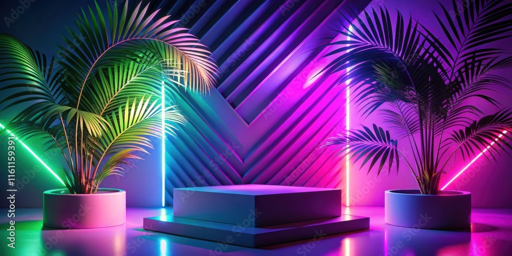 Poster Neon lights illuminate a minimalist display with tropical plants and geometric shapes, creating a vibrant and modern aesthetic.