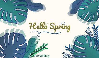 Hello Spring hand drawn illustration. Season lettering for greeting card, poster, banner, invitation, brochure, voucher discount. Spring background with colorful flower and leaf. Spring time.