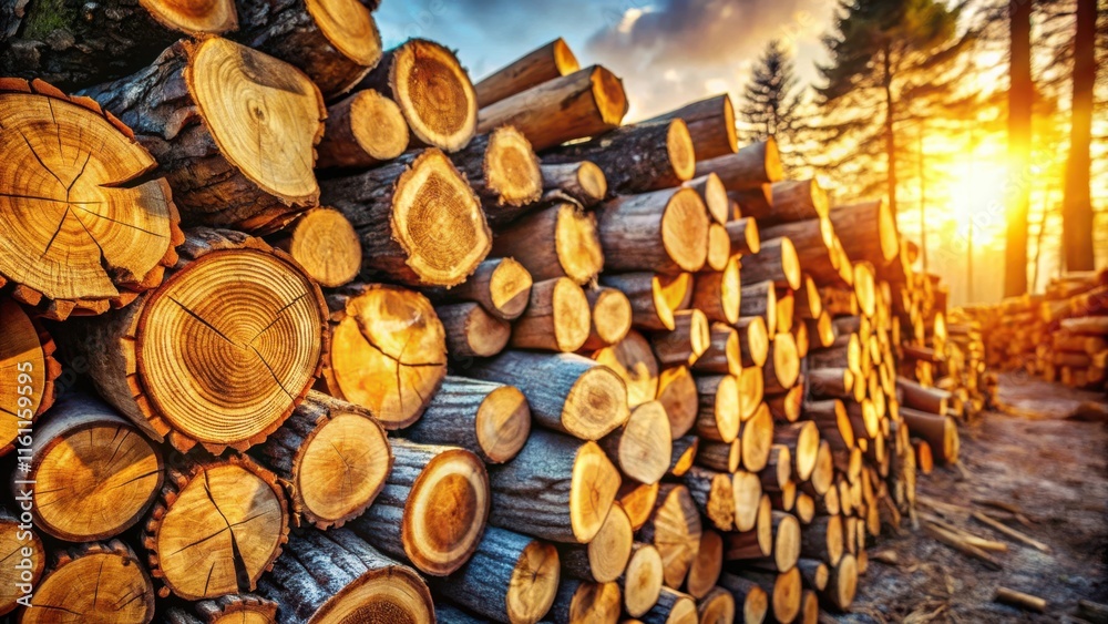 Poster A Stack of Cut Logs Illuminated by the Warm Glow of the Setting Sun, Creating a Striking Visual of Nature's Raw Beauty and the Power of Light