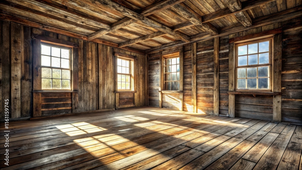 Poster sunlight streams through the windows of an empty rustic wooden cabin, illuminating the worn floorboa