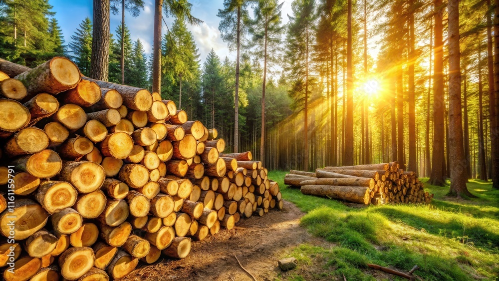 Poster sunlight streams through a dense forest, illuminating a stack of freshly cut logs, a reminder of the