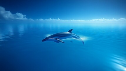 Fototapeta premium A dolphin leaps gracefully in the ocean under a blue sky