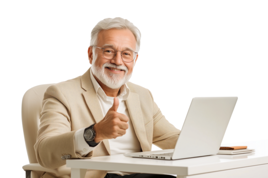 senior businessman working on laptop isolated on transparent