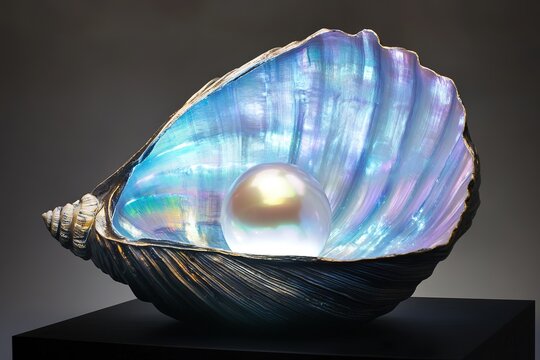 creative podium shaped like giant pearl inside open seashell with soft iridescent glow