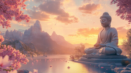 budha statue tranquil peaceful meditation beautiful scenery background