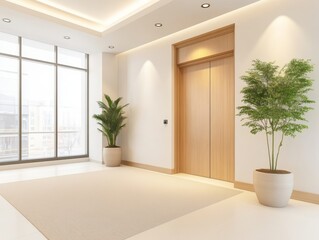 Fototapeta premium Modern Lobby Interior with Elevator and Plants