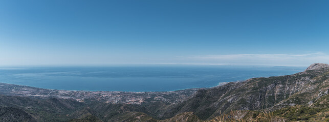 Panoramic View of Marbella from Cruz de Juanar Mountain. Stunning panoramic landscape of Marbella and the Mediterranean Sea seen from the summit of Cruz de Juanar.