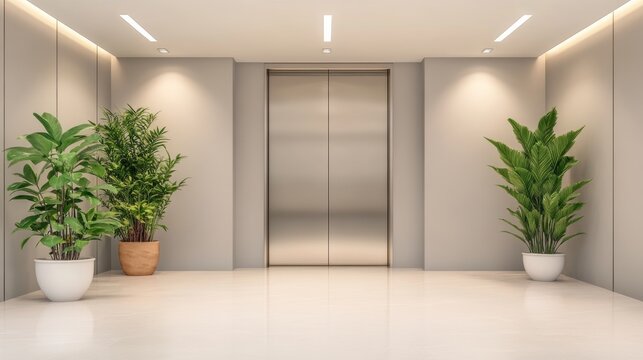 Modern Elevator Lobby with Potted Plants.