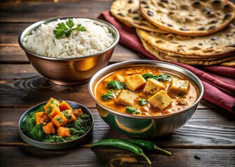 Experience the rich flavors of Paneer Butter Masala; a creamy Indian dish served with Saag Paneer, roti, and rice.