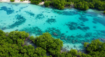 Obraz premium Vibrant aerial view of a turquoise ocean with lush green foliage and coral reefs, concept for travel brochure, environmental conservation and tropical getaway promotion