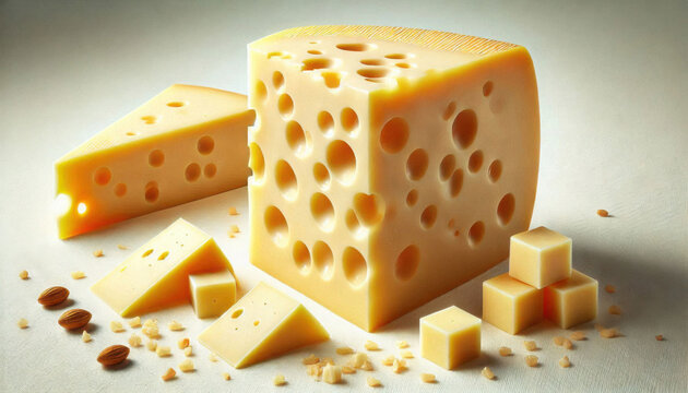 Photo of cheese dices and slices, showcasing a block of cheese with holes, garnished with almonds and arranged on a white background, side view – ideal for recipe books, food articles