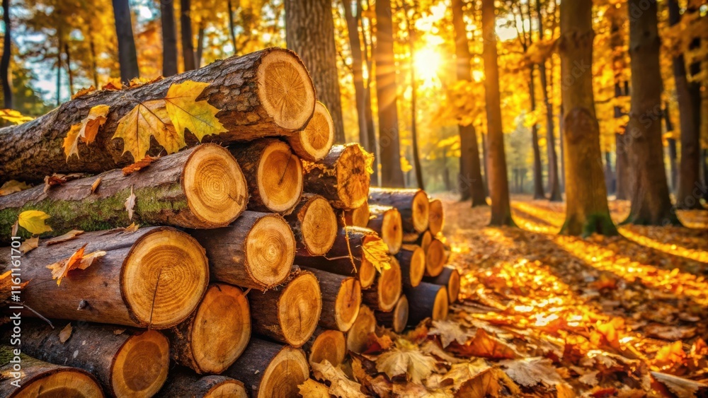 Poster a stack of logs in a golden autumn forest, bathed in the warm glow of the setting sun