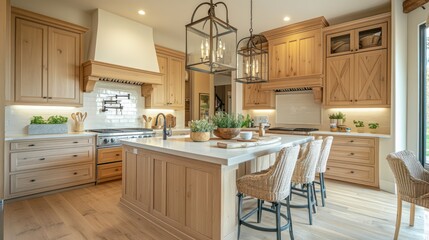 A cozy kitchen with light wooden cabinetry, soft cream finishes, and warm lighting