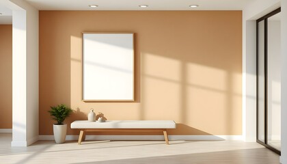 Fototapeta premium minimalist entryway with frame mockup, simple bench, small plant, warm-toned wall, soft recessed lighting, clean lines, neutral tones, elegant, welcoming atmosphere