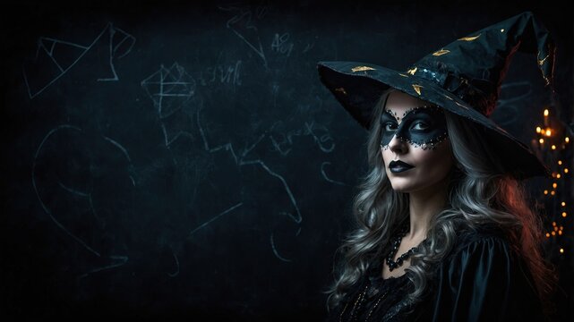 Persona Disfrazada de Bruja con Sombrero Negro y Accesorios Dorados frente a Pizarra con Dibujos y S&iacute;mbolos de Tiza, Ideal para Ilustraciones de Eventos de Halloween