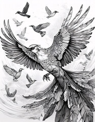 Fototapeta premium Intricate black and white drawing of a phoenix in flight surrounded by smaller birds. Generative AI