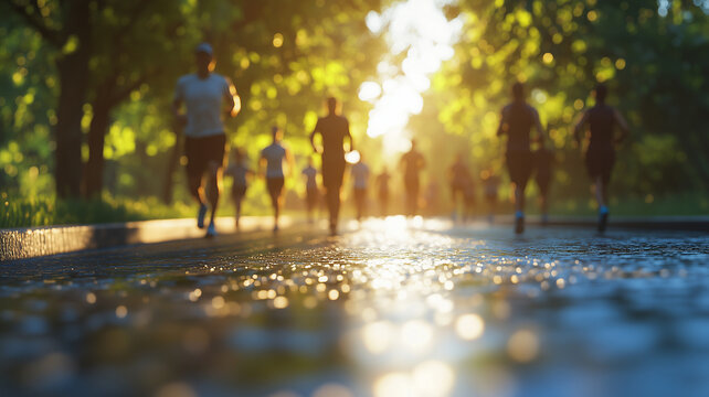 group of diverse people running in sunlit park during race, showcasing determination and energy. scene captures vibrant atmosphere of summer event