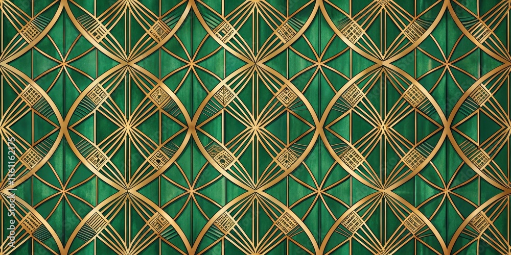 Poster A Geometric Art Deco Pattern with Interlocking Arcs and Lines in Gold and Emerald Green