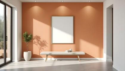 minimalist entryway with frame mockup, simple bench, small plant, warm-toned wall, soft recessed lighting, clean lines, neutral tones, elegant, welcoming atmosphere