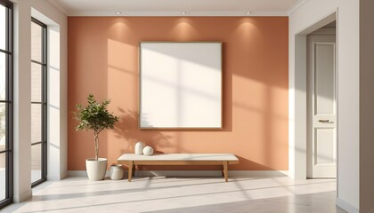 minimalist entryway with frame mockup, simple bench, small plant, warm-toned wall, soft recessed lighting, clean lines, neutral tones, elegant, welcoming atmosphere