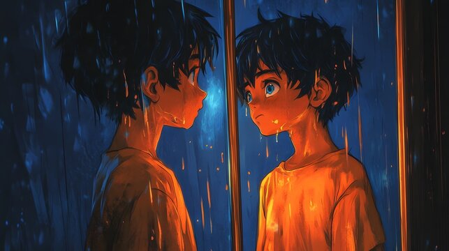 Lofi anime style illustration of A young man gazes intensely at his reflection, ooking intensely at his reflection in a mirror, bathed in the warm light in the rainy night.