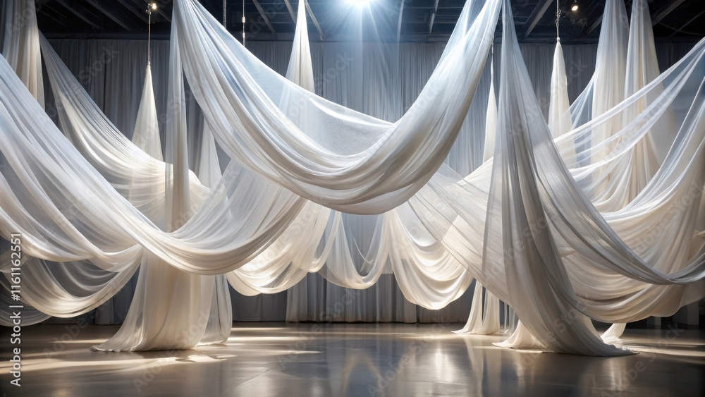 Poster A symphony of light and shadow plays across the delicate folds of cascading white fabric, creating a mesmerizing illusion of ethereal weightlessness.