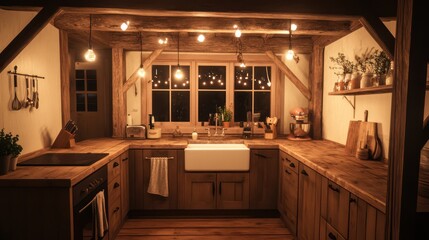 A cozy kitchen with rustic wooden beams, soft lighting, and a farmhouse sink