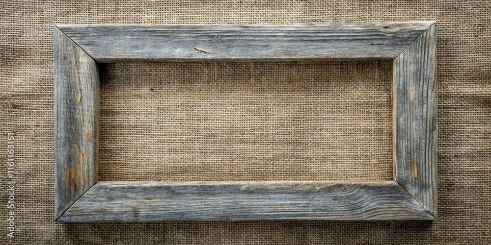 Poster A rustic wooden frame placed on a burlap background, creating a natural and earthy composition for display or text placement.