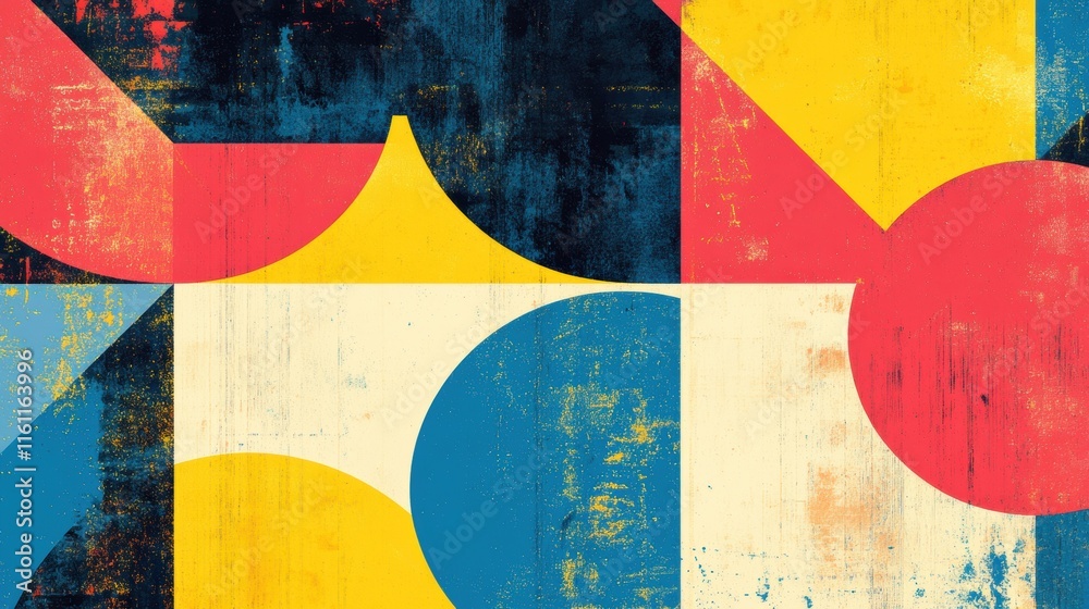 Poster retro risograph design featuring colorful abstract shapes and ample copy space for text placement. g