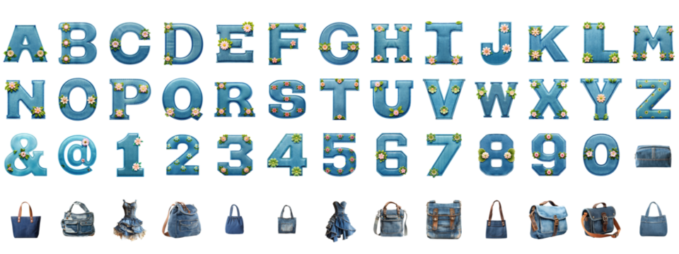 A collection of stylized letters, numbers, and symbols designed with a denim texture, accompanied by various denim-themed bags and accessories.
