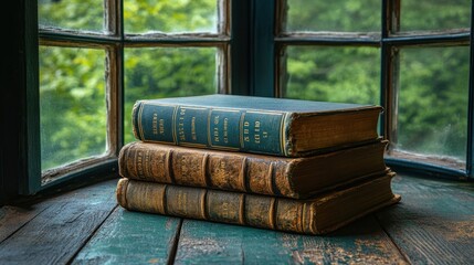 Stacked vintage books by a window.