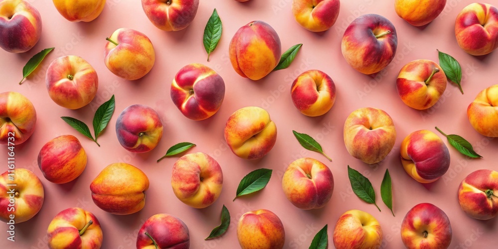 Poster a vibrant pattern of plump peaches and lush green leaves arranged in a symmetrical and eye-catching 