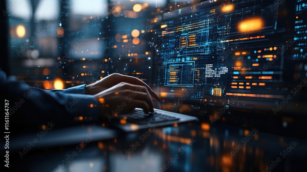 Poster businessman analyzing workflow automation and data processing