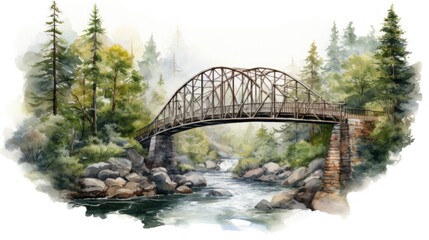 Serene Watercolor Landscape: Bridge Over River