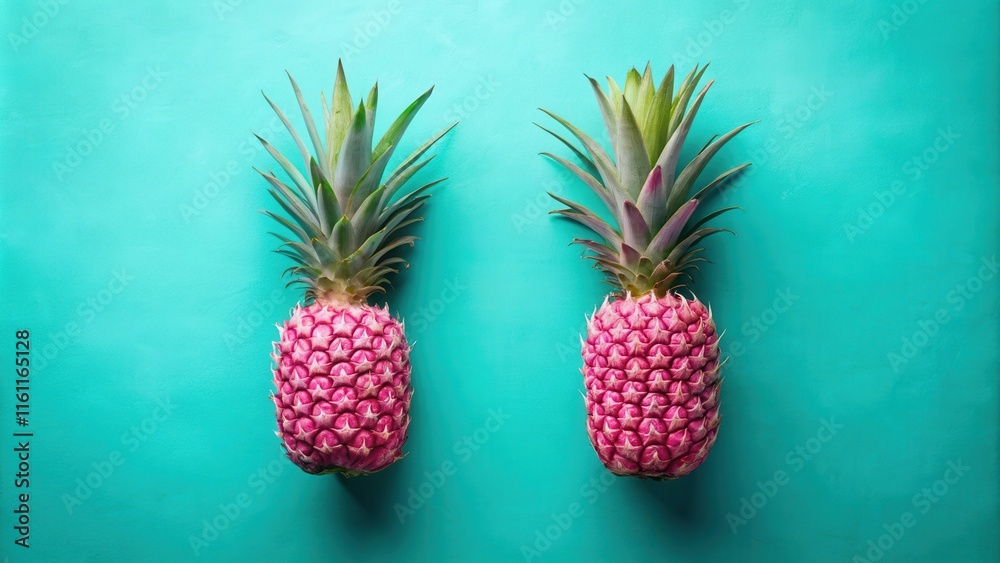 Poster two vibrant pink pineapples with green tops against a backdrop of turquoise blue create a vibrant an