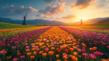 Vibrant tulip field at sunset with windmills.