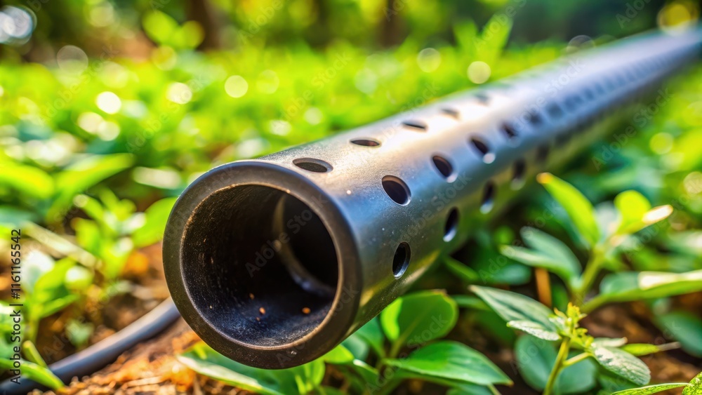 Poster A close-up view of a black metal pipe with a series of evenly spaced round holes, resting in a lush green garden setting, creating a contrast between the smooth metal and the soft foliage.