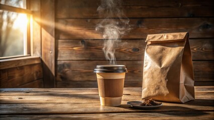 A steaming cup of coffee on a rustic wooden table with a brown paper bag beside it, bathed in warm sunlight streaming through a window