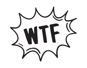 Pow comic speech bubble with word - WTF. Pop art expression doodle hand drawn icon. Outline drawing line clipart symbol