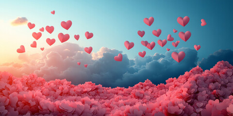 Pink Paper Hearts flying in the blue sky. Valentine's day Background